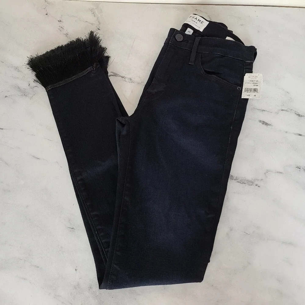 Frame Denim Highrise Skinny‎ Dark Blue Fringe Jeans 25 NWT